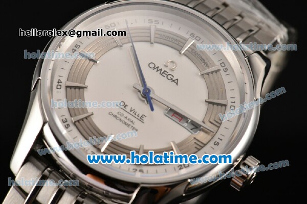 Omega De Ville Hour Vision Co-Axial Annual Calendar Clone 8500 Automatic Full Steel with Stick Markers and White Dial - 1:1 Original - Click Image to Close