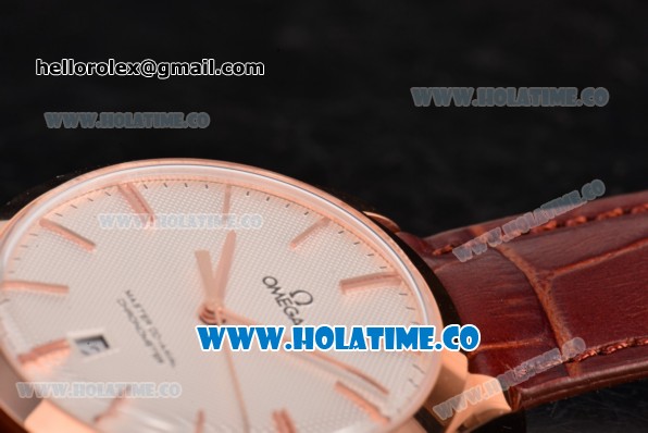 Omega De Ville Trésor Master Co-Axial Swiss ETA 2824 Automatic Rose Gold Case with Brown Leather Strap and Silvery Opaline Dial - Click Image to Close