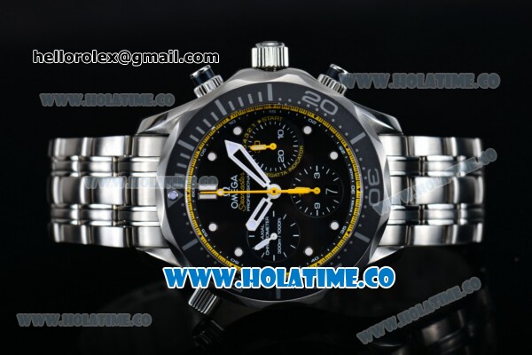 Omega Seamaster Diver 300M Co-Axial Chrono Swiss Valjoux 7753 Automatic Steel Case with Black Dial White Markers and Yellow Inner Bezel - 1:1 Original - Click Image to Close