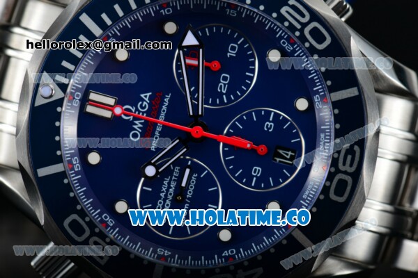 Omega Seamaster Diver 300M Co-Axial Chrono Swiss Valjoux 7753 Automatic Steel Case with Blue Dial White Markers and Blue Inner Bezel - 1:1 Original - Click Image to Close