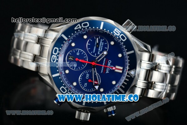 Omega Seamaster Diver 300M Co-Axial Chrono Swiss Valjoux 7753 Automatic Steel Case with Blue Dial White Markers and Blue Inner Bezel - 1:1 Original - Click Image to Close