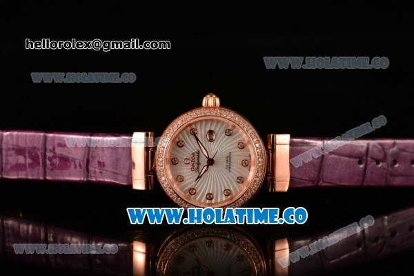 Omega Deville Ladymatic Clone 8500 Automatic Rose Gold Case with Diamonds Bezel White MOP Textured Dial and Purple Leather Strap (V6) - Click Image to Close