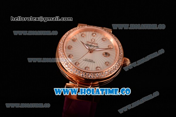 Omega Deville Ladymatic Clone 8500 Automatic Rose Gold Case with Diamonds Bezel White MOP Textured Dial and Purple Leather Strap (V6) - Click Image to Close
