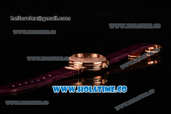 Omega Deville Ladymatic Clone 8500 Automatic Rose Gold Case with Diamonds Bezel White MOP Textured Dial and Purple Leather Strap (V6) - Click Image to Close