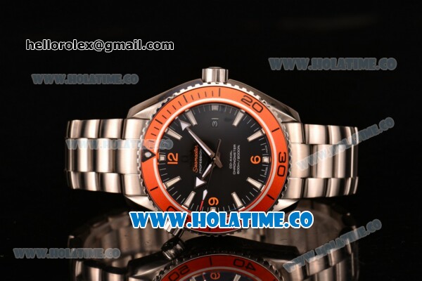 Omega Planet Ocean Clone 8500 Automatic Steel Case/Bracelet with Orange Bezel Black Dial and White Stick Markers (EF) - Click Image to Close