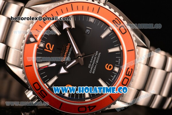Omega Planet Ocean Clone 8500 Automatic Steel Case/Bracelet with Orange Bezel Black Dial and White Stick Markers (EF) - Click Image to Close