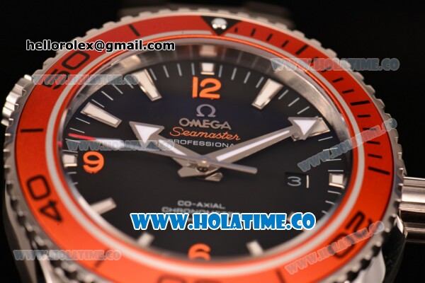 Omega Planet Ocean Clone 8500 Automatic Steel Case/Bracelet with Orange Bezel Black Dial and White Stick Markers (EF) - Click Image to Close
