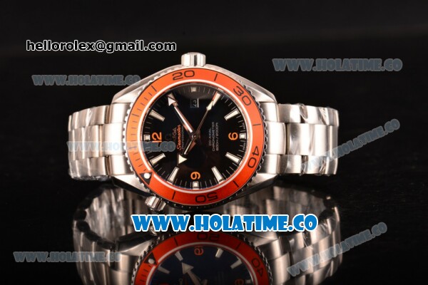 Omega Planet Ocean Clone Omega 8500 Automatic Steel Case/Bracelet with Black Dial Orange Bezel and White Stick Markers (EF) - Click Image to Close