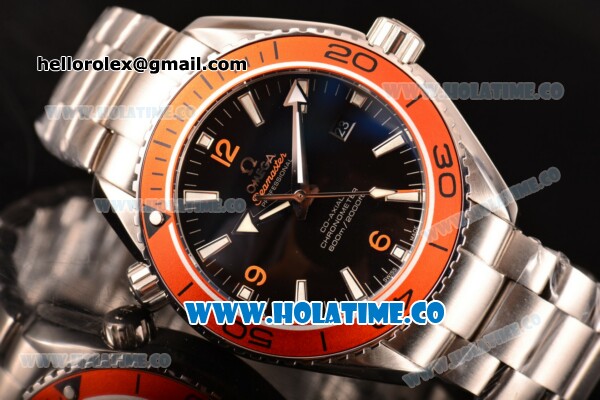 Omega Planet Ocean Clone Omega 8500 Automatic Steel Case/Bracelet with Black Dial Orange Bezel and White Stick Markers (EF) - Click Image to Close