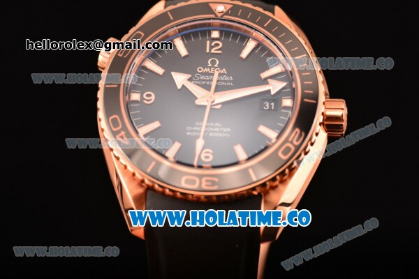 Omega Seamaster Planet Ocean 600 M Co-Axial Clone Omega 8501 Automatic Rose Gold Case with Black Dial and White Stick/Arabic Numeral Markers - Click Image to Close