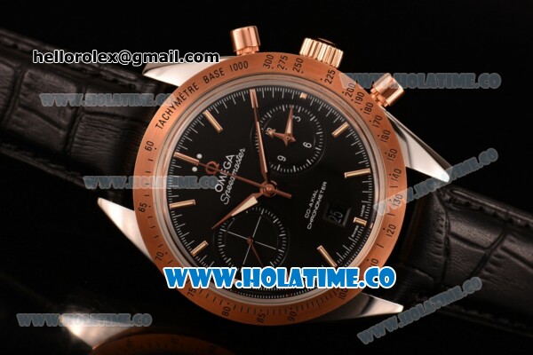 Omega Speedmaster '57 Co-Axial Chronograph Clone Omega 9301 Automatic Steel Case with Rose Gold Bezel Black Dial and Black Leather Strap (EF) - Click Image to Close