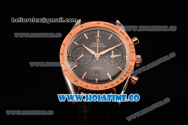 Omega Speedmaster '57 Co-Axial Chronograph Clone Omega 9301 Automatic Steel Case with Rose Gold Bezel Black Dial and Black Leather Strap (EF) - Click Image to Close