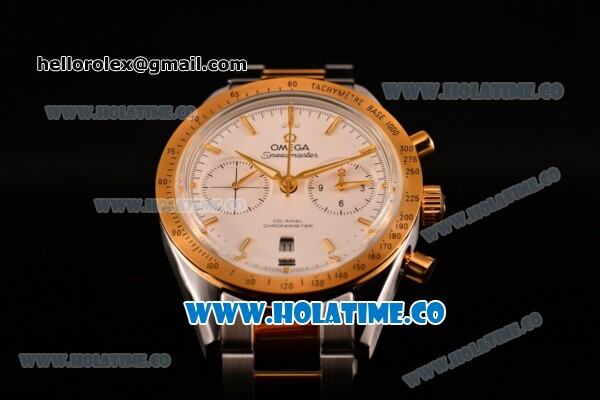 Omega Speedmaster '57 Co-Axial Chronograph Clone Omega 9301 Automatic Two Tone Case/Bracelet with Gold Stick Markers and White Dial (EF) - Click Image to Close