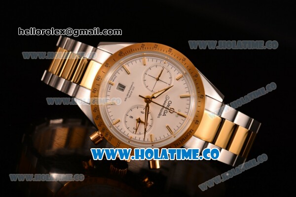 Omega Speedmaster '57 Co-Axial Chronograph Clone Omega 9301 Automatic Two Tone Case/Bracelet with Gold Stick Markers and White Dial (EF) - Click Image to Close