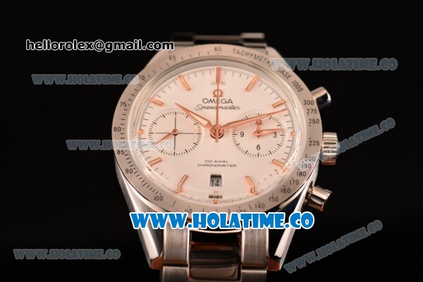 Omega Speedmaster '57 Co-Axial Chronograph Clone Omega 9301 Automatic Steel Case/Bracelet with Rose Gold Stick Markers and White Dial (EF) - Click Image to Close