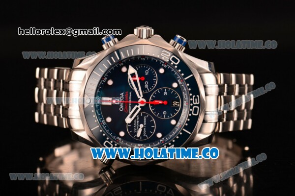 Omega Seamaster Diver 300M Co-Axial Chronogrpah Swiss Valjoux 7750 Automatic Steel Case/Bracelet with Blue Dial and White Dot Markers (BP) - Click Image to Close