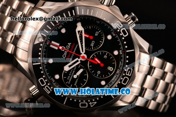 Omega Seamaster Diver 300M Co-Axial Chronogrpah Swiss Valjoux 7750 Automatic Steel Case/Bracelet with Black Dial and White Dot Markers (BP) - Click Image to Close