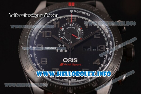 Oris Audi Sport Limited Edition II Chronograph Miyota Quartz PVD Case with Black Dial Arabic Numeral Markers and Black Leather Strap - Click Image to Close