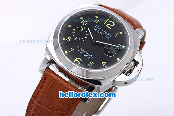 Panerai Luminor Marina PAM 164 Automatic with Black Dial and White Bezel, Green Marking and Brown Leather Strap - Click Image to Close