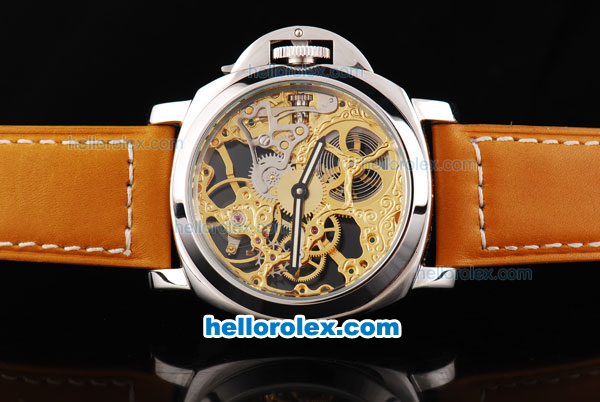 Panerai Marina Manual Winding Silver Case with Gold Skeleton Dial and Orange Leather Strap - Click Image to Close