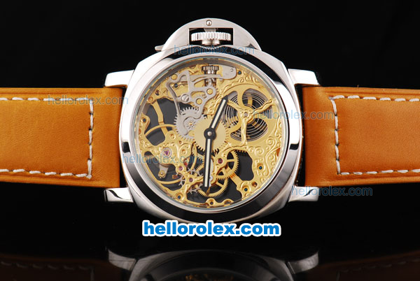 Panerai Marina Manual Winding Silver Case with Gold Skeleton Dial and Orange Leather Strap - Click Image to Close