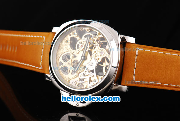 Panerai Marina Manual Winding Silver Case with Gold Skeleton Dial and Orange Leather Strap - Click Image to Close
