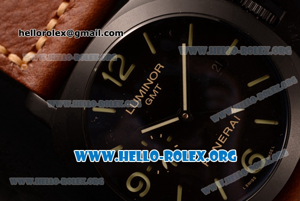 Panerai Luminor 1950 3 Day GMT Automatic Asia Automatic PVD Case with Black Dial and Brown Leather Strap PAM 320B - Click Image to Close
