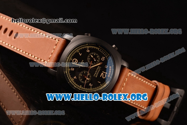 Panerai Luminor 1950 PCYC Chrono Flyback Asia Automatic PVD Case with Black Dial and Brown Leather Strap PAM653B - Click Image to Close