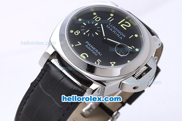 Panerai Luminor Marina Pam 164 Automatic with Black Dial and White Bezel, Green Marking and Leather Strap - Click Image to Close