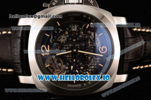 Panerai L'Astronomo Luminor 1950 Tourbillon Moon Phases Equation Of Time GMT Asia Automatic Steel Case Black Dial With Stick/Arabic Numeral Markers Black Leather Strap - Click Image to Close