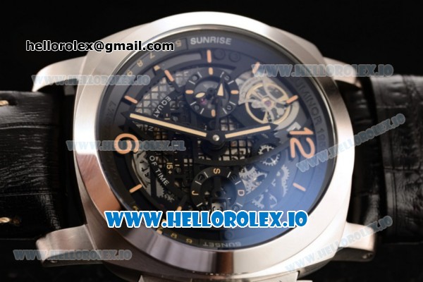 Panerai L'Astronomo Luminor 1950 Tourbillon Moon Phases Equation Of Time GMT Asia Automatic Steel Case Black Dial With Stick/Arabic Numeral Markers Black Leather Strap - Click Image to Close