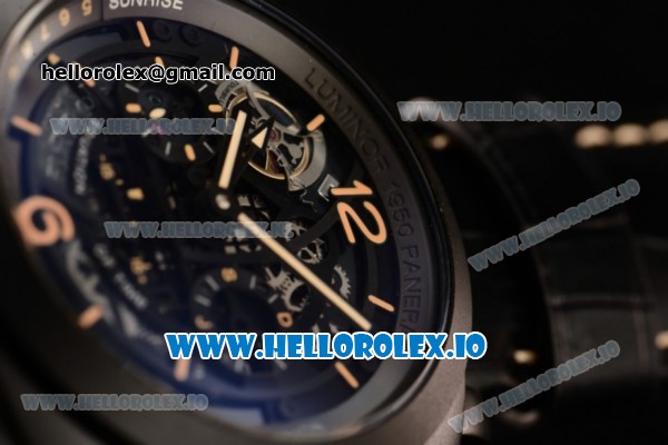 Panerai L'Astronomo Luminor 1950 Tourbillon Moon Phases Equation Of Time GMT Chrono Asia Automatic PVD Case Black Dial With Stick/Arabic Numeral Markers Black Leather Strap - Click Image to Close