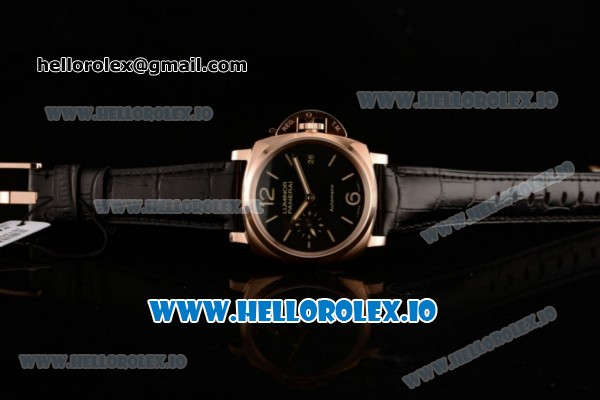 Panerai Luminor Due 3 Days Automatic Clone P.3000 Automatic Rose Gold Case Black Dial With Stick/Arabic Numeral Markers Black Leather Strap(KW) - Click Image to Close