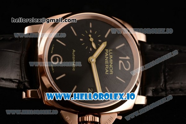 Panerai Luminor Due 3 Days Automatic Clone P.3000 Automatic Rose Gold Case Black Dial With Stick/Arabic Numeral Markers Black Leather Strap(KW) - Click Image to Close