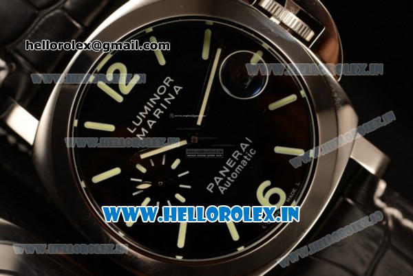Panerai Luminor Marina Automatic Asia Automatic Steel Case Black Dial Stick/Arabic Numeral Markers With Steel Bezel Black Leather Strap - Click Image to Close