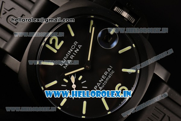 Panerai Luminor Marina Automatic PVD Case with Black Dial and Green Markers-Black Rubber Strap - Click Image to Close