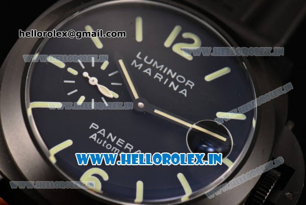 Panerai Luminor Marina Automatic PVD Case with Black Dial and Green Markers-Black Rubber Strap - Click Image to Close