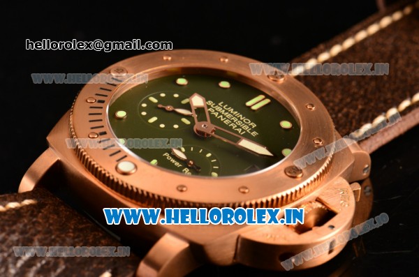 Panerai Luminor Submersible 1950 3 Days PAM507 Clone P.9000 Automatic Bronzo Case with Green Dial and Brown Leather Strap - 1:1 Original - Click Image to Close