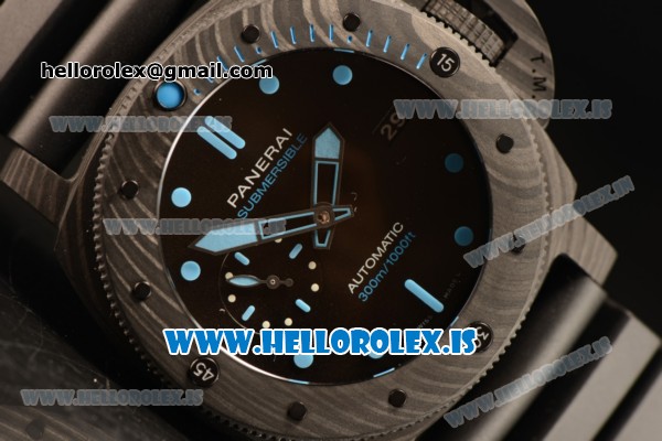 Panerai Submersible All Carbon Fiber With Black Dial Blue Marker Rubber Strap Cal. P9010 1:1 Clone PAM00960(KW) - Click Image to Close