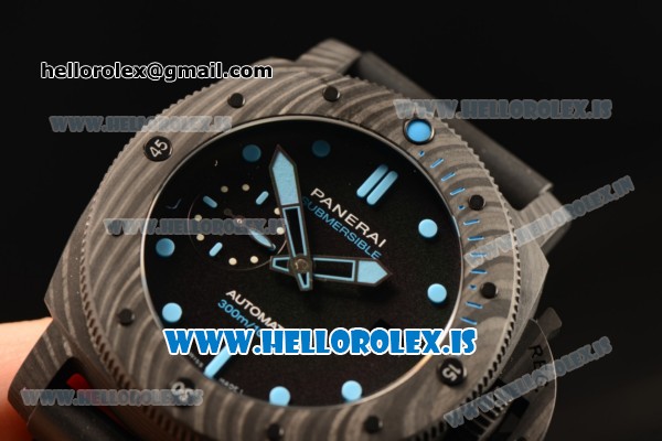 Panerai Submersible All Carbon Fiber With Black Dial Blue Marker Rubber Strap Cal. P9010 1:1 Clone PAM00960(KW) - Click Image to Close