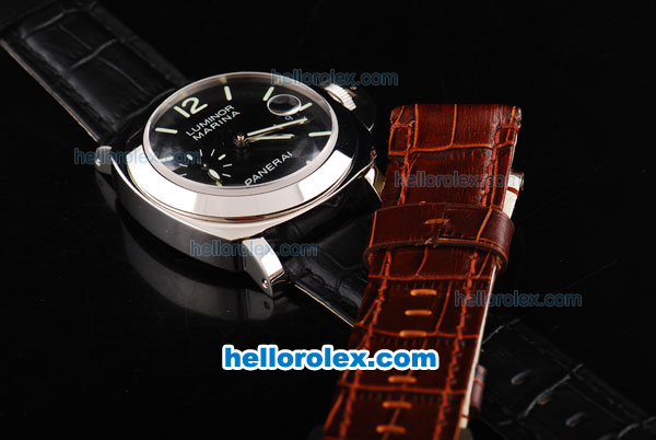 Panerai Luminor Marina Swiss Valjoux 7750 Movement Black Dial with Green Stick/Numeral Marker-Leather Strap - Click Image to Close