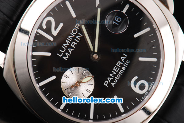 Panerai Luminor Marina Pam 076 Swiss Valjoux 7750 Movement Black Dial with White Stick/Numeral Marker-Leather Strap - Click Image to Close