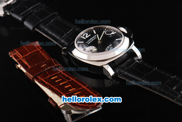 Panerai Luminor Marina Pam 076 Swiss Valjoux 7750 Movement Black Dial with White Stick/Numeral Marker-Leather Strap - Click Image to Close