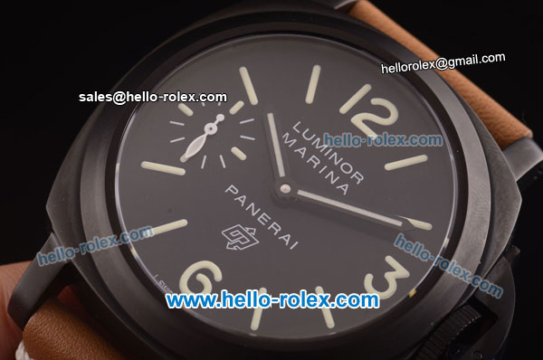 Panerai Luminor Marina Logo Pam 005 Asia 6497 Manual Winding Movement PVD Case with Black Dial and Brown Leather Strap - Click Image to Close