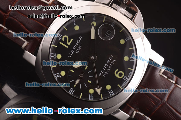 Panerai Luminor GMT PAM 00159 Automatic Steel Case with Black Dial and Brown Leather Strap - Click Image to Close