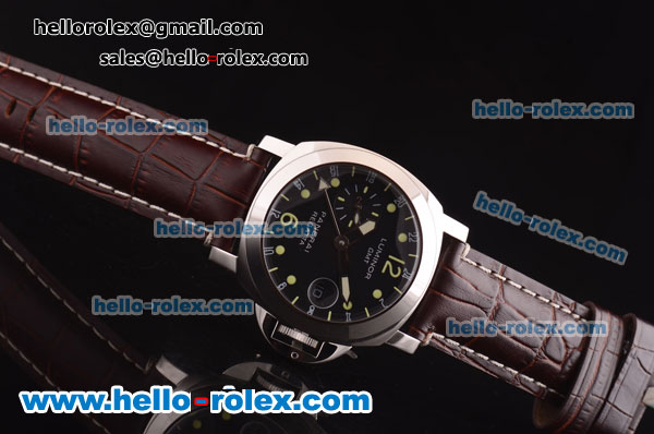 Panerai Luminor GMT PAM 00159 Automatic Steel Case with Black Dial and Brown Leather Strap - Click Image to Close