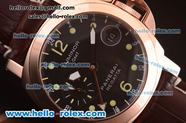 Panerai Luminor GMT Automatic Rose Gold Case with Black Dial and Brown Leather Strap - Click Image to Close
