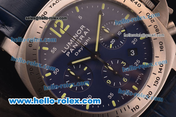 Panerai Luminor Chrono Daylight Swiss Valjoux 7753 Automatic Titanium Case with Blue Dial and Blue Leather Strap - 1:1 Original - Click Image to Close