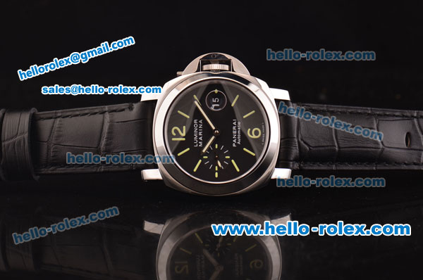 Panerai Luminor Marina PAM00104 Swiss Valjoux 7750-MD Automatic Steel Case with Black Dial and Black Leather Strap - 1:1 Original - Click Image to Close
