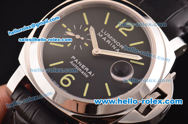Panerai Luminor Marina PAM00104 Swiss Valjoux 7750-MD Automatic Steel Case with Black Dial and Black Leather Strap - 1:1 Original - Click Image to Close